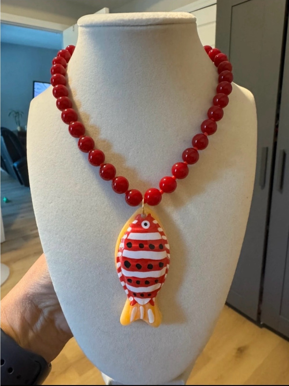 Handmade Red Beaded Necklace with Fish Pendant